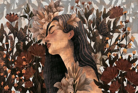 Een sensuele vrouw omringd door bloemen