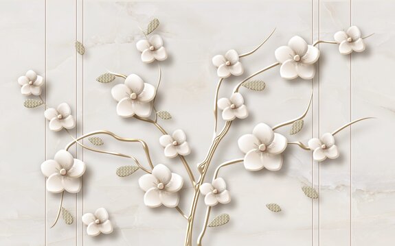 3d-boom met witte bloemen op een marmeren achtergrond