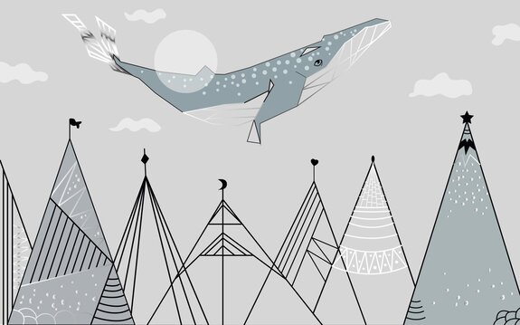 Abstract landschap met bergen en een walvis, sprookjesachtig kinderpatroon