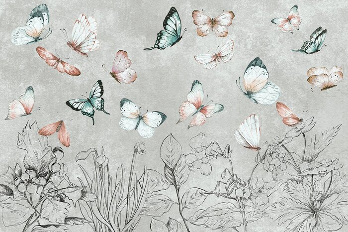 Aquarelpatroon van vlinders, motten en planten op een grijze achtergrond