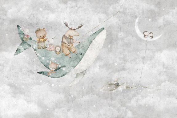Sky with whale moon and animals fairytale kids pattern