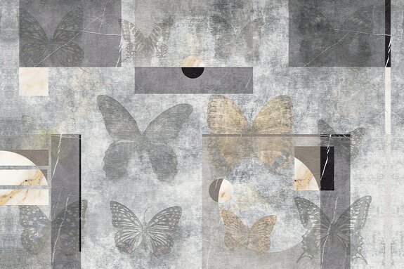Butterflies and geometric shapes on concrete background abstract pattern
