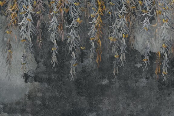 Butterflies and hanging vines on raw concrete background modern pattern