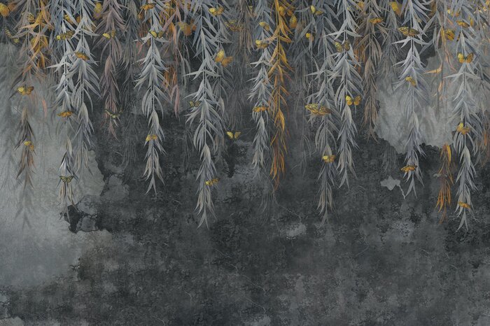 Wijnstokken hangen erboven en vlinders op een betonnen achtergrond