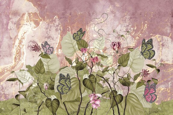 Flowers leaves and butterflies on concrete background nature inspired pattern