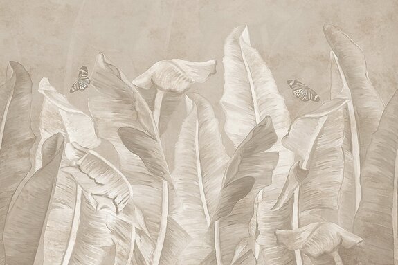 Tropical banana leaves and butterflies on a textured background in monochromatic colors