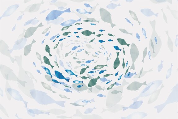 Watercolor motif fish in a whirl abstract pattern