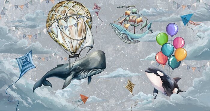 Waterverfpatroon met vissen, ballonnen en vliegers tussen de wolken in de lucht voor kinderen