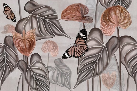Butterflies among exotic plants and large leaves on a gray background botanical pattern