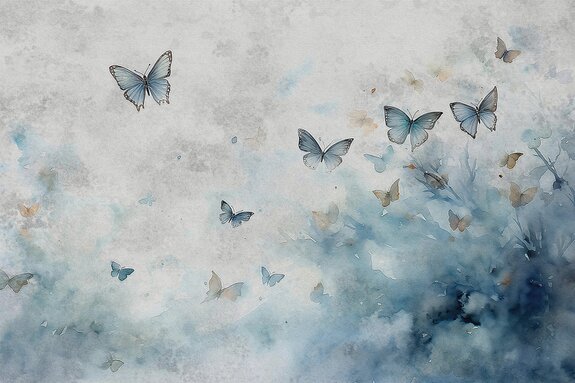 Pattern with butterflies on a watercolor background in shades of gray and blue