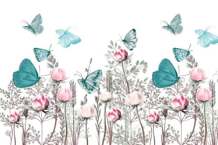 3d-bloemen met vlinders op een kleurrijk weidepatroon op een witte achtergrond