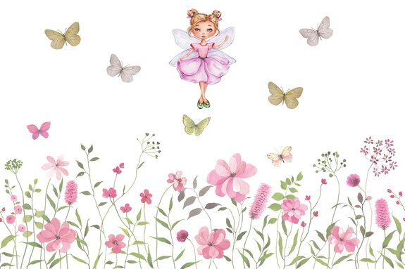 Fairy and butterflies over a flowery meadow fairytale pattern for children