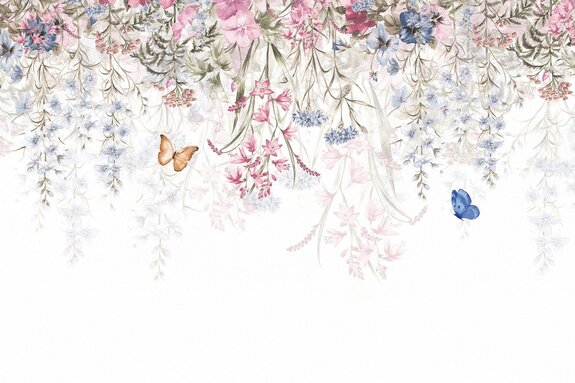 Butterflies and hanging field flowers on a white background a delicate floral motif