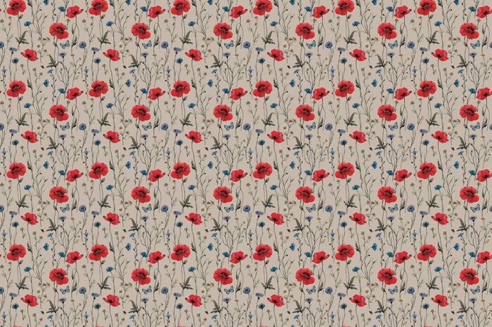 Blauwe vlinders tussen klaprozen en korenbloemen botanisch wildbloemenpatroon