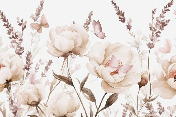 Vlinder en bloemen in een weide aquarel botanisch patroon geïnspireerd door de natuur