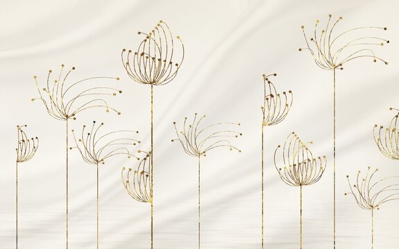 Abstract dandelion flowers in golden shades on a beige background