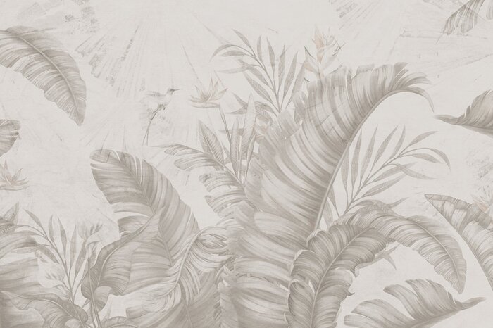 Tropische bananenbladeren en een exotisch strelitzia-plantenpatroon in monochrome kleuren