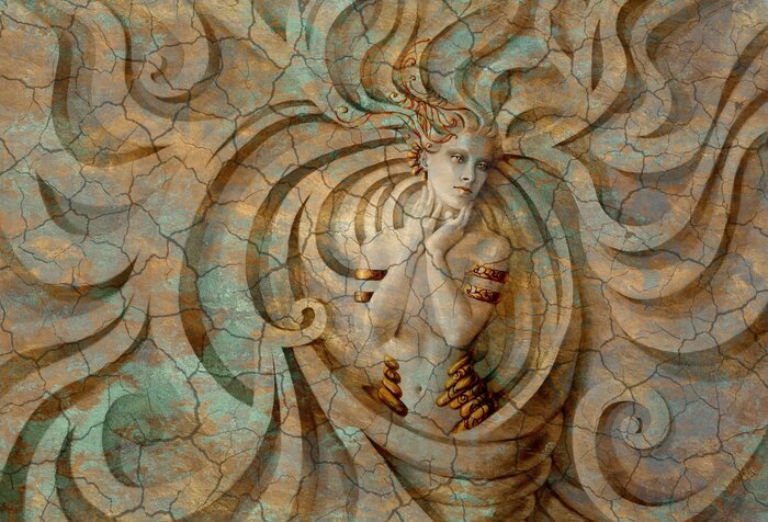 Een 3d-sculptuur van een vrouw tegen een betonnen achtergrond.