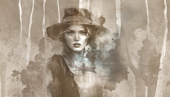 Watercolor portrait of a woman wearing a hat with trees in the background