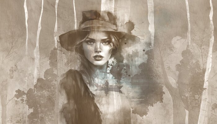 Aquarelportret van een vrouw met een hoed met bomen op de achtergrond