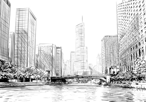 Zwart-wit tekening van de skyline van chicago met wolkenkrabbers en rivier
