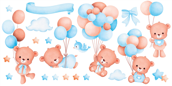 Schattige beren met blauwe ballonnen in aquarelstijl