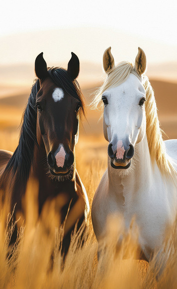 Twee paarden in hoog gras