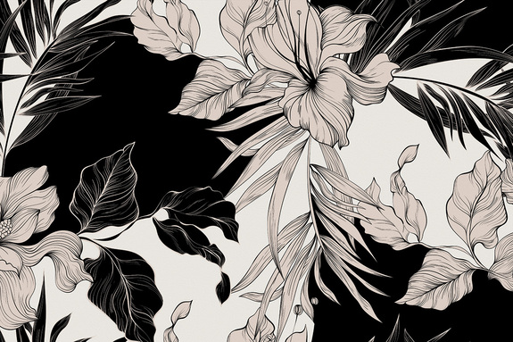 Zwart-witte bloemen en bladeren