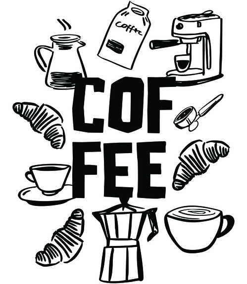 Zwarte tekst koffie tussen icoontjes