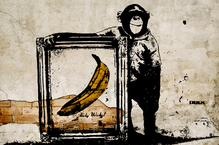 Warhols aap met banaan banksy in sepia
