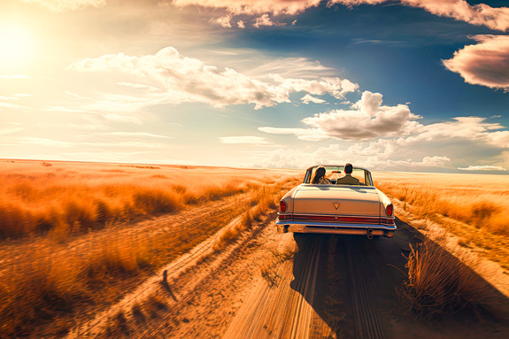 Een retro-cabriolet op een onverharde weg tussen het goudgele gras.