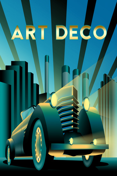 Een afbeelding met een klassieke auto en het woord art deco