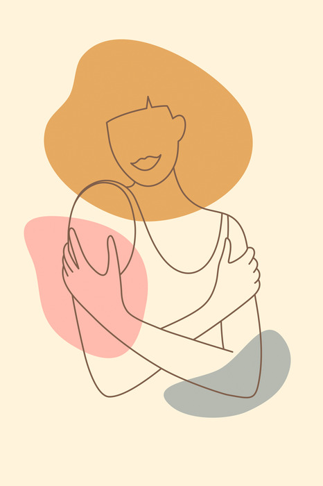 Lijntekening van een vrouw die zichzelf omarmt