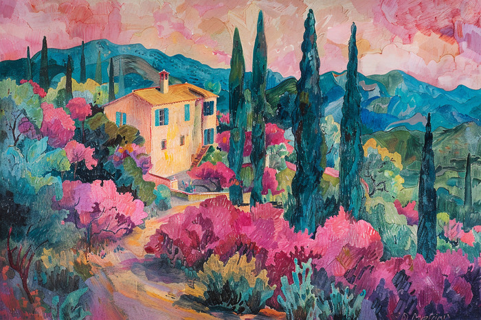 Italiaans landschap met een roze lucht