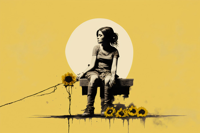 Meisje en zonnebloemen op een gele achtergrond