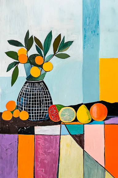 Stilleven en fruit op een kleurrijke achtergrond