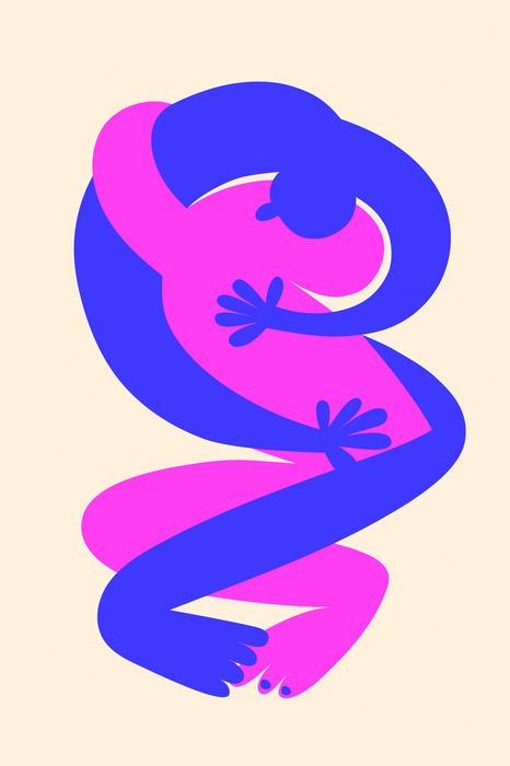 Twee in elkaar verweven figuren in roze en blauw