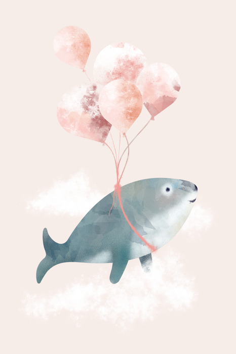 Aquarelillustratie van een zeehond met roze ballonnen