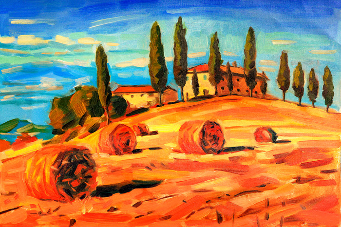 Zonnige velden met cipressen en hooi