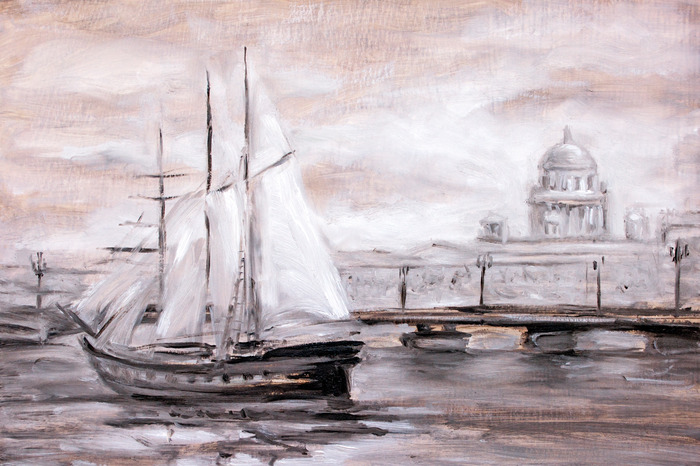 Een geschilderd schip met een stadsgezicht op de achtergrond