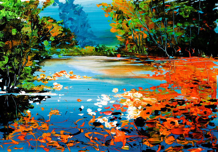 Een schilderachtig landschap met een rivier in verschillende kleuren