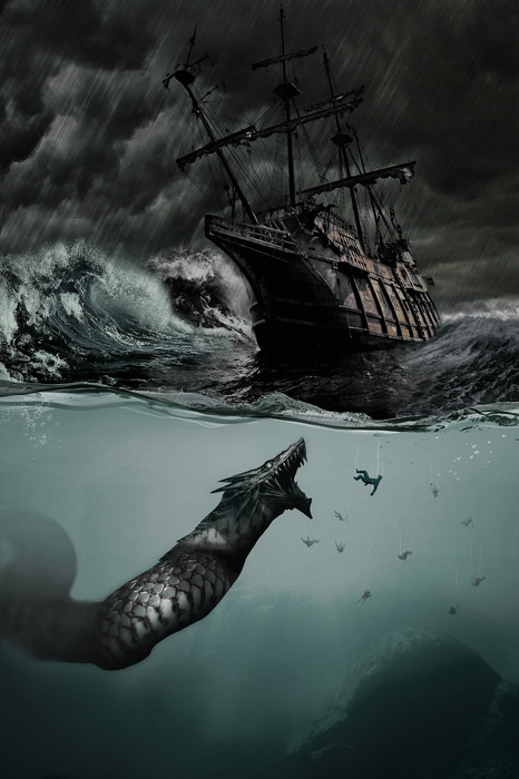 Een dramatische scène met een zeilschip en een zeemonster