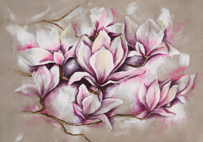 Roze geschilderde magnoliabloemen op een beige achtergrond