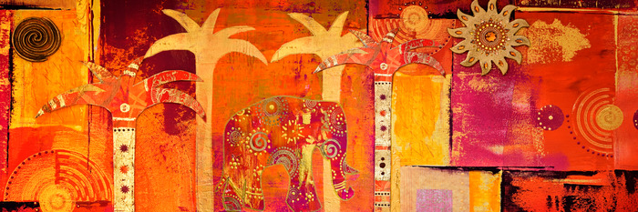 Decoratieve olifanten- en palmbomen in oranje tinten