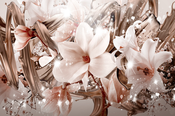 Magnoliabloemen in een abstracte compositie met lichtjes