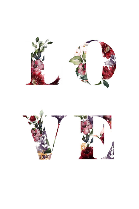 Het opschrift liefde gemaakt van bloemen op een witte achtergrond