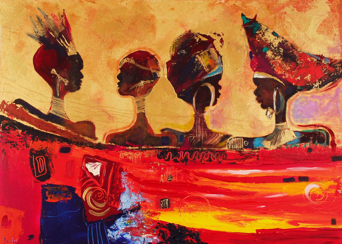 Profielen van afrikaanse vrouwen op een rode en gouden achtergrond