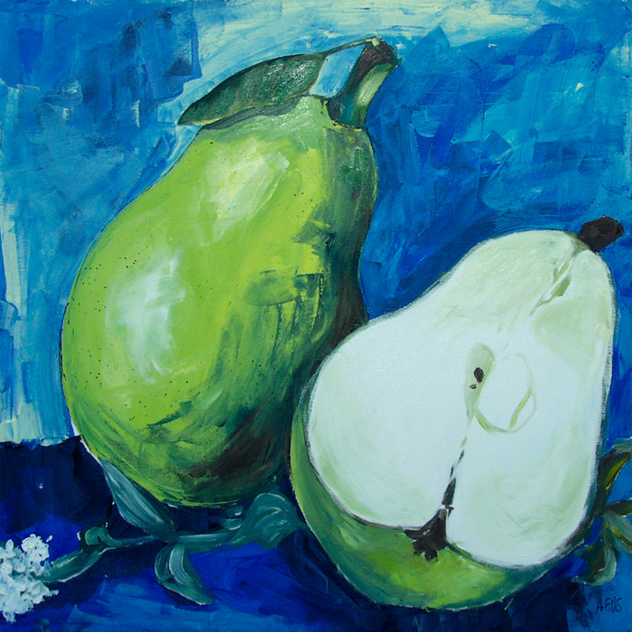 Geschilderde groene peren op een blauwe achtergrond