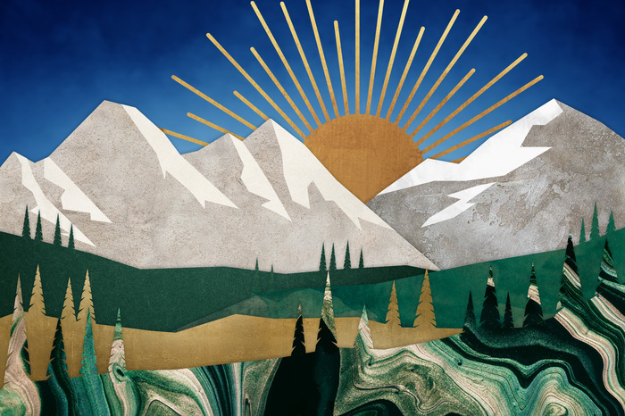 Geometrisch berglandschap met zon