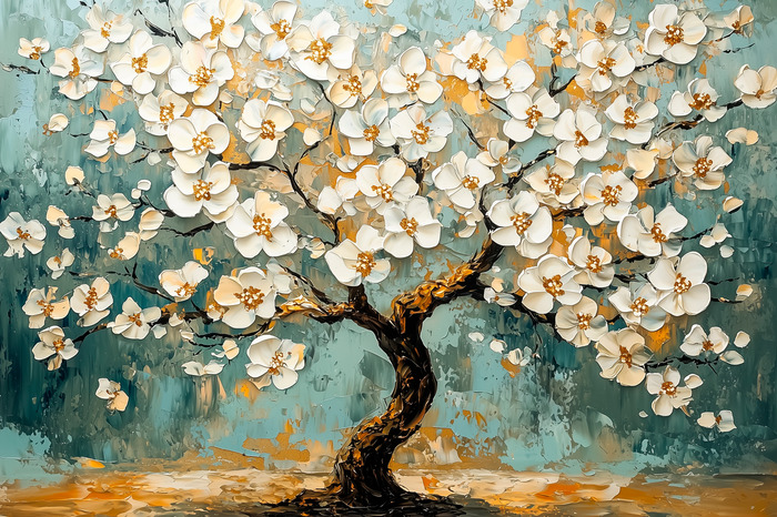 Boom met 3d-bloemen op een turquoise achtergrond